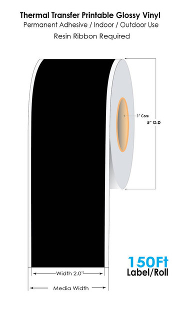 Black 2in x 150 Ft Cont 3Mil Glossy Vinyl Label Tape Roll - 1in Core