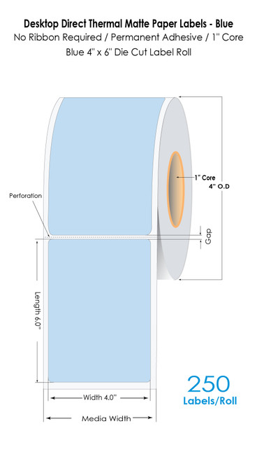Direct Thermal 4"x6" Blue Paper Labels 250/ Roll 1"Core/4"OD