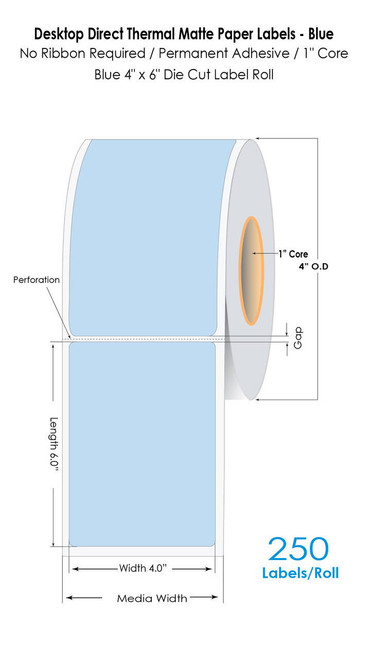 Direct Thermal 4"x6" Blue Paper Labels 250/ Roll 1"Core/4"OD