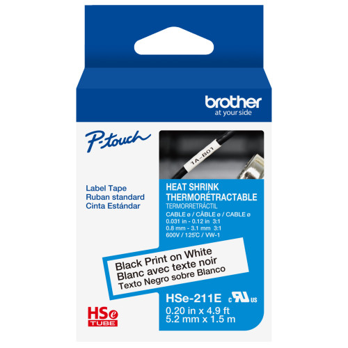 Brother HSe-211E | 1/5" Shrink Tape (5mm) Black on White Shrink Tube | HSe211E