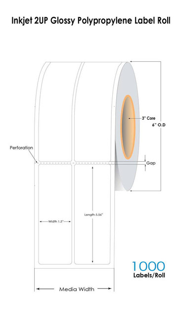 LX4000 Inkjet 1.5\" x 5.56\" Glossy Polypropylene Labels 1000/Roll (2 UP) 6\" OD 54050 DurafastLabel.ca
