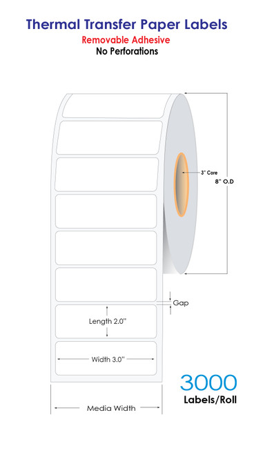 Thermal Transfer 3in x 2in NP White Paper Labels w Removable Adhesive 3000/Roll - 3in Core | 8in OD