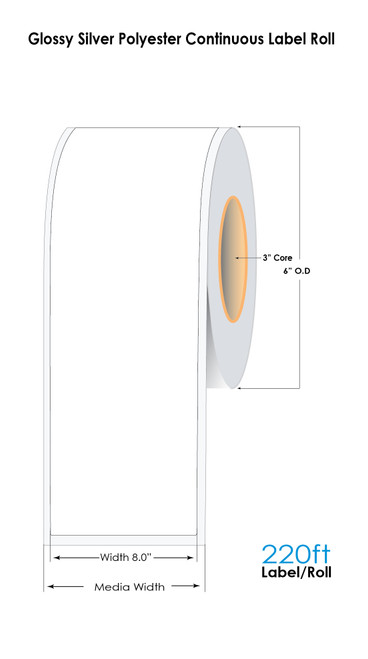 C6500 8in x 220ft Continuous Glossy Silver Polyester Label Roll 3in Core - 6in OD