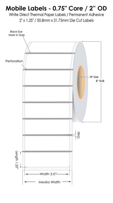 Zebra ZQ610 Plus 2in x 1.25in White Direct Thermal Labels  250/Roll with 0.75" Core/2.2" OD (8 Rolls/Carton)