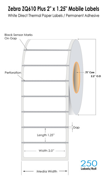 Zebra ZQ610 Plus 2in x 1.25in White Direct Thermal Labels  250/Roll with 0.75" Core/2.2" OD (8 Rolls/Carton)