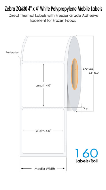 Zebra ZQ630 4in x 4in White Direct Thermal BOPP film Labels 160/Roll for Frozen Foods with 0.75in Core/2.5in OD