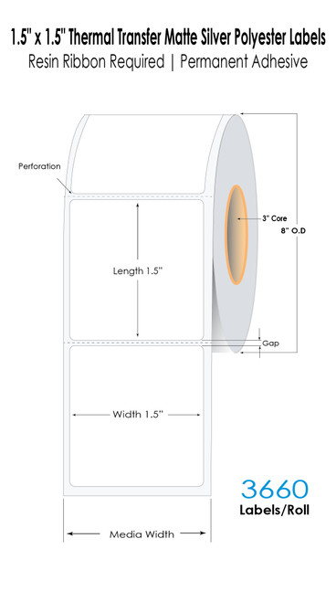 Thermal Transfer 1.5in x 1.5in Matte Silver Polyester Labels 3660/Roll 3in Core