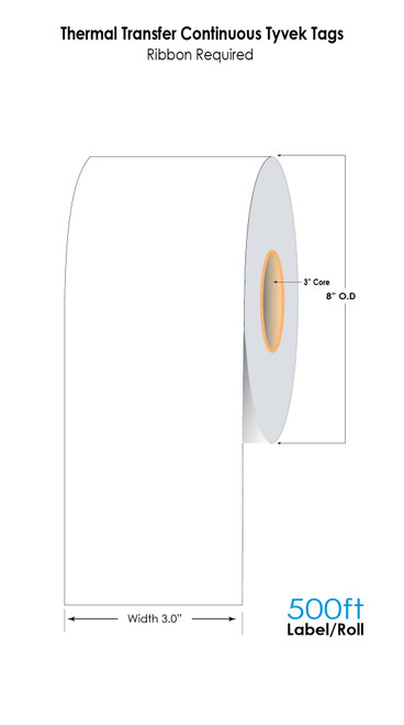 Thermal Transfer 3.0in x 500Ft Continuous 5MIL 1025D Tyvek Tag Roll 3in Core-8in OD