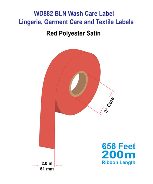 WD882 2" x 656 Ft Sew-On Wash Care Label |  PMS 185 RED Color Polyester Satin | Woven Edge - 3" Core