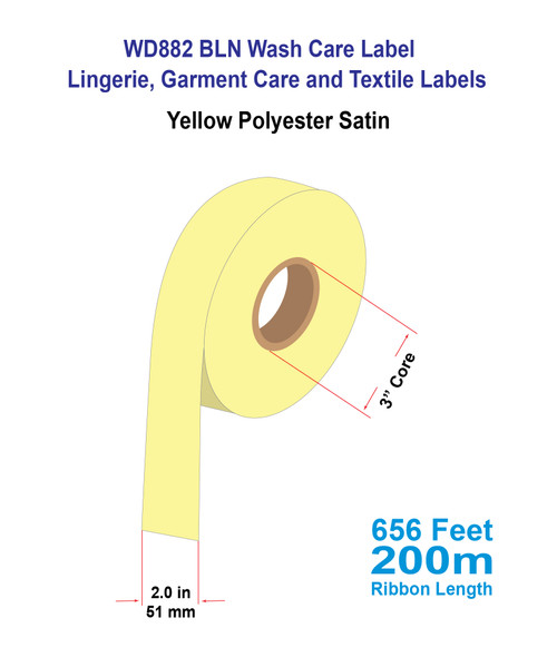 WD882 2" x 656 Ft Sew-On Wash Care Label |  PANTONE YELLOW Color Polyester Satin | Woven Edge - 3" Core