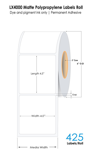 LX4000 4in x 4.5in NP Matte Polypropylene Labels 425/Roll - 3in Core - 6in OD