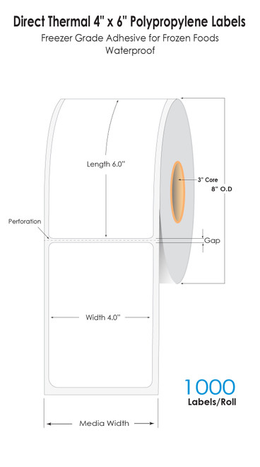 Direct Thermal 4in x 6in Matte BOPP Labels Freezer Grade Adhesive 1000/Roll - 3in Core - 8in OD