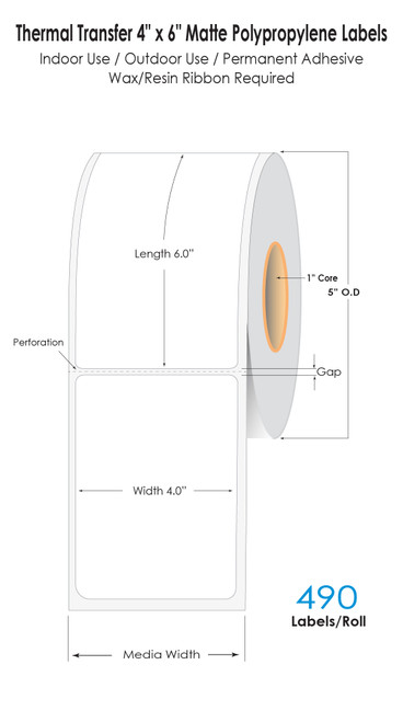 Thermal Transfer 4in x 6in Matte Polypropylene Labels 490/Roll - 1in Core | 5in OD