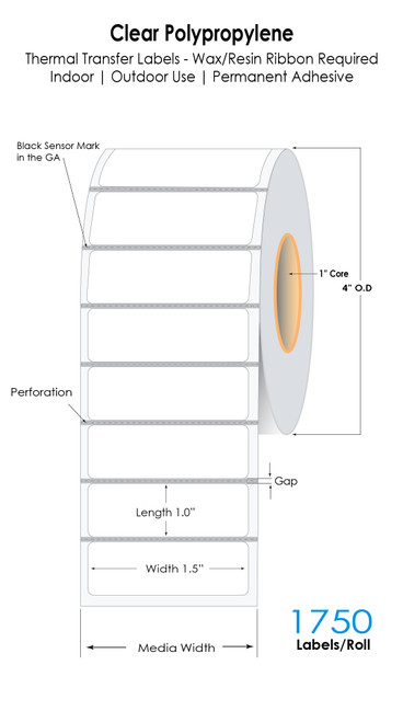 Thermal Transfer 1.5in x 1in 50 mic/2MIL Clear Polypropylene Labels 1750/Roll 1in Core - 4in OD
