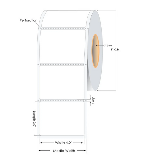 Direct Thermal 4in x 3in Matte Polypropylene Labels with Freezer Adhesive For Frozen Foods 2000/Roll - 3" Core | 8" OD
