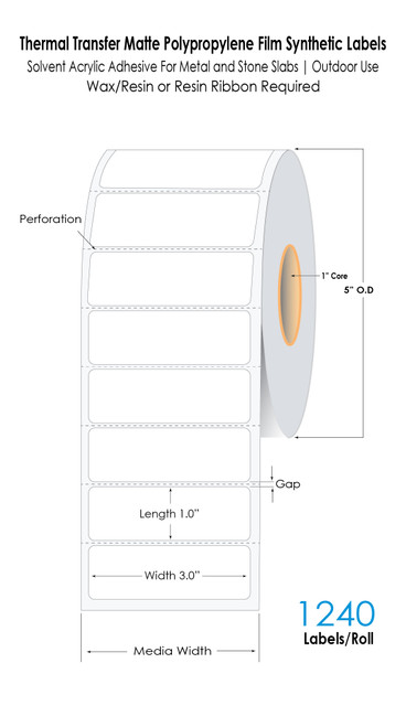 Thermal Transfer 3" x 1" Matte Polypropylene Label with Oil Based Adhesive 1240/Roll 1in Core-5in OD