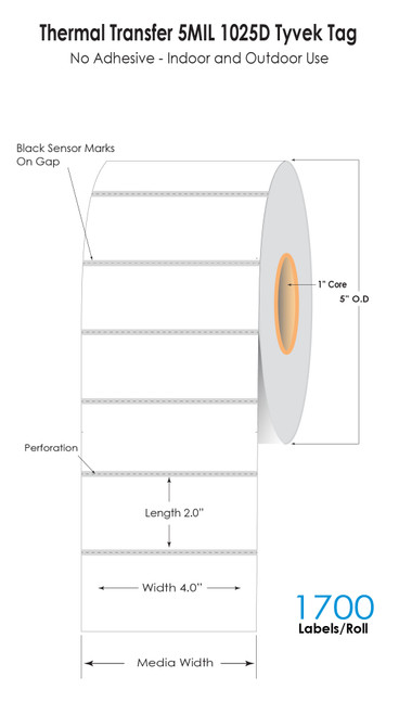 Thermal Transfer 4in x 2in 5Mil 1025D White Tyvek Tags 1700/Roll 1in Core/5in OD