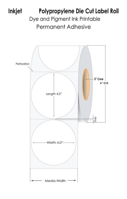 L801 4inch Circle Glossy Polypropylene labels 700/Roll with Matrix Removed 3in Core and 6in OD roll - Black Sensor Marks