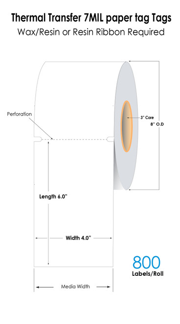 White Thermal Transfer 4in x 6in 7MIL Paper Tags 800/Roll 3in Core 8in OD