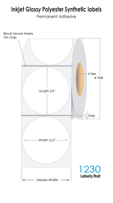 LX4000 2in Circle NP Glossy Polyester Labels 1230/Roll - 3in Core - 6in OD Roll
