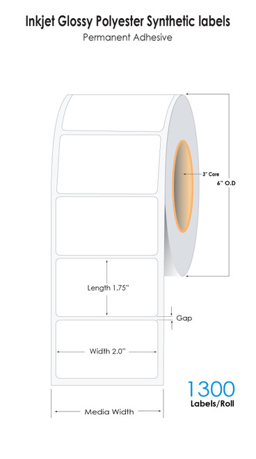 LX4000/C6500 2in x 1.75in NP Glossy Polyester Labels 1300/Roll - 3in Core - 6in OD Roll