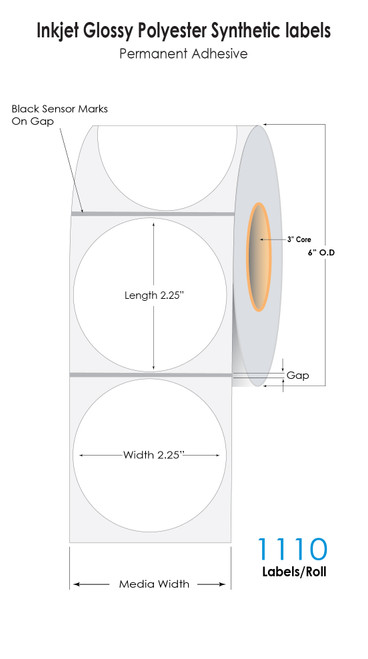 LX4000 2.25in Circle NP Glossy Polyester Labels 1110/Roll - 3in Core - 6in OD Roll