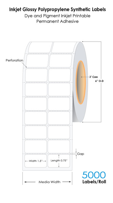 LX4000 1.5in x 0.75in 2UP Glossy Polypropylene Die Cut Labels 5000/Roll 3in Core 6in OD - Perforations - 12 Roll/Carton