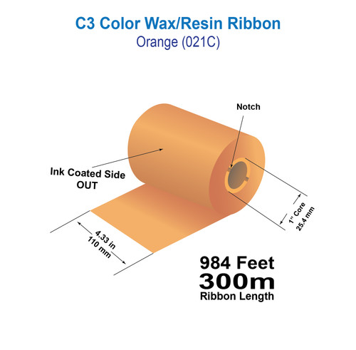 Zebra 4.33" x 984ft (110mm x 300m) Orange (021C) C3 Color Wax/Resin Ribbon with Ink CSO