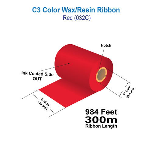 Zebra 4.33" x 984ft (110mm x 300m) Red (032C) C3 Color Wax/Resin Ribbon with Ink CSO