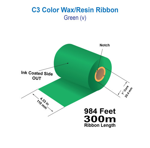 Zebra 4.33" x 984ft (110mm x 300m) Green (3405C) C3 Color Wax/Resin Ribbon with Ink CSO