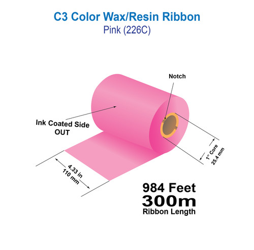 Zebra 4.33" x 984ft (110mm x 300m) Pink (226C) C3 Color Wax/Resin Ribbon with Ink CSO