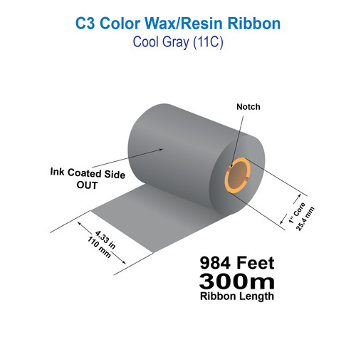 Zebra 4.33" x 984ft (110mm x 300m) Cool Gray (11C) C3 Color Wax/Resin Ribbon with Ink CSO
