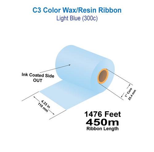 Zebra 4.33" x 1476ft (110mm x 450m) Light Blue (300c) C3 Color Wax/Resin Ribbon with Ink CSO