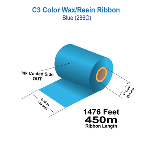 Zebra 4.33" x 1476ft (110mm x 450m) Blue (286C) C3 Color Wax/Resin Ribbon with Ink CSO