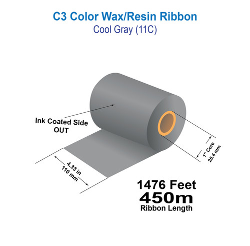 Zebra 4.33" x 1476ft (110mm x 450m) Cool Gray (11C) C3 Color Wax/Resin Ribbon with Ink CSO