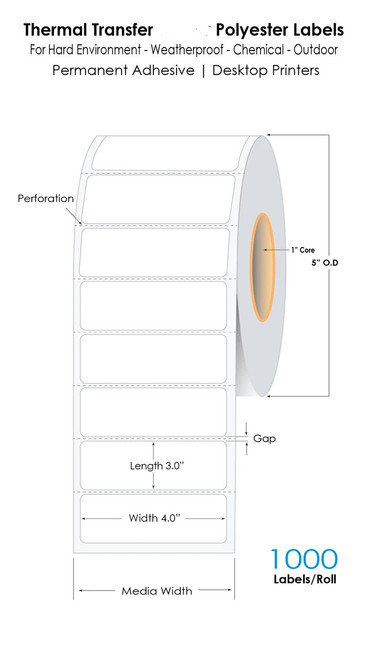 Thermal Transfer 4in x 3in Matte Silver Polyester Labels 1000/Roll 1in Core 5in OD - Perforations - 4 Roll/Carton