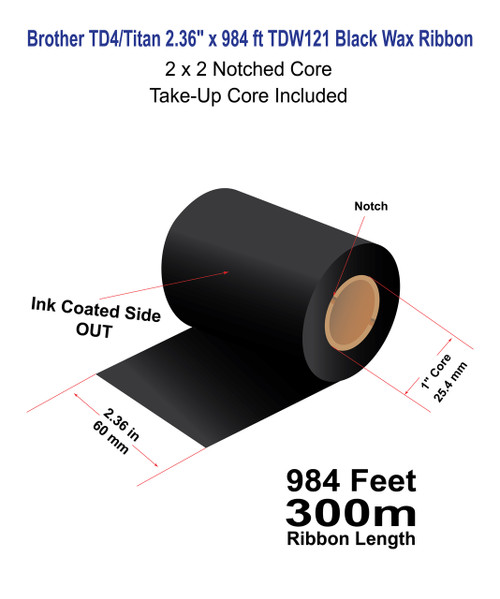 Brother TD4 2.36" x 984 ft (60mm x 300m) TDW121 Black Wax Ribbon with Take-Up Core / 2x2 Notch - 24 Rolls