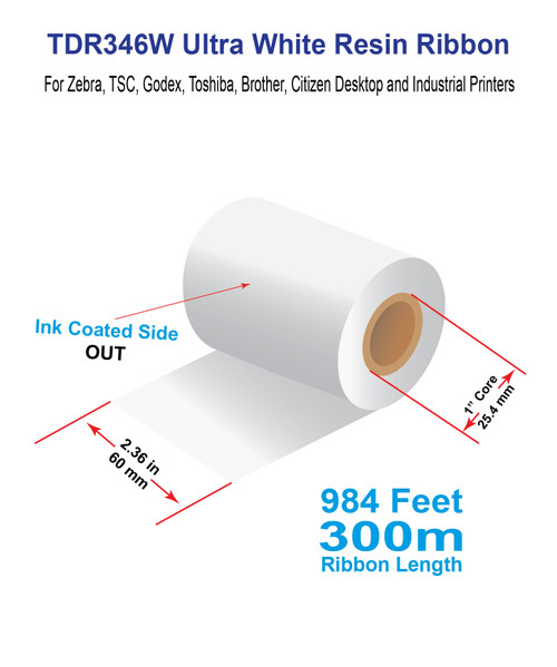 Zebra 2.36in x 984ft (60mm x 300m) TDR346W Ultra White Resin Ribbon CSO