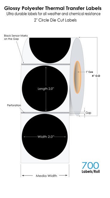 Black 2-Inch Circle Glossy Polyester Thermal Transfer Labels 700/Roll 1in Core - 4in OD - Perforations - Black Sensor Marks - Oil Based Adhesive - 6 Rolls/Carton