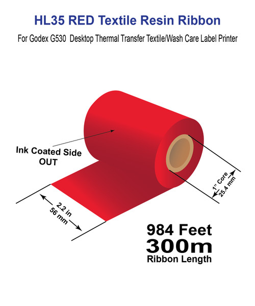 Zebra 2.2" x 984 Feet (56mm x 300m) HL35 RED Textile Resin Ribbon with Ink OUT |  PMS 192C Red Color for Washcare labels
