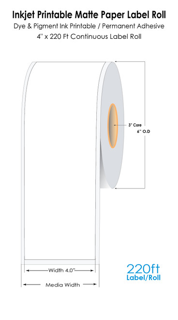 C6500 4" x 220ft Inkjet Matte Paper Continuous Label Roll 3" Core/6" OD