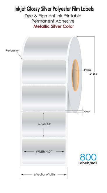 C6500 4in x 3in Inkjet Silver Polyester Label 800/Roll - 3in Core