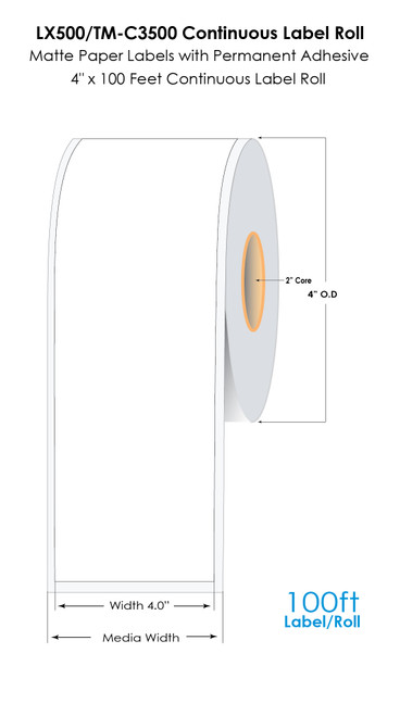 LX500/TM-C3500 4"x100Ft Cont Matte Paper Label Roll Image 1