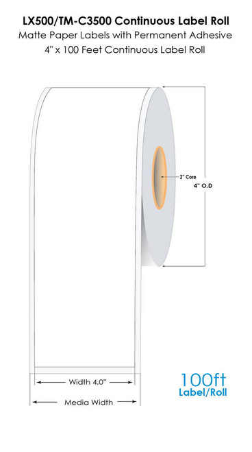 LX500/TM-C3500 4"x100Ft Cont Matte Paper Label Roll