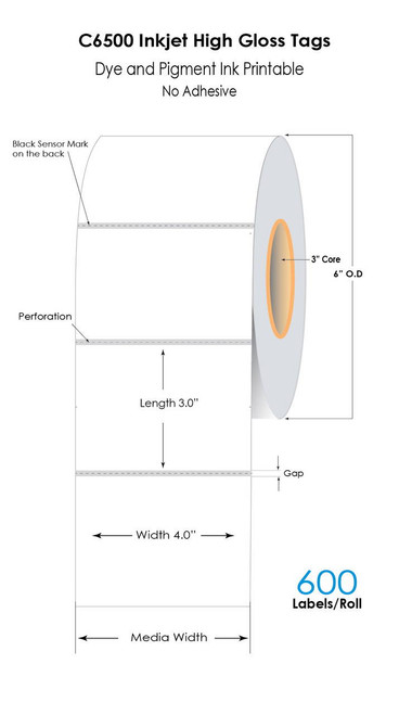C6500 4inx 3in Inkjet High Gloss Tags 600/Roll (No Adhesive)
