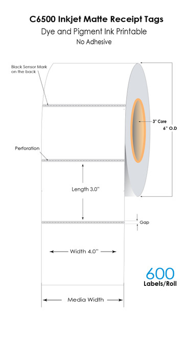 C6500 4inx 3in Matte Receipt Tags - 600/Roll (No Adhesive) - Name Badges