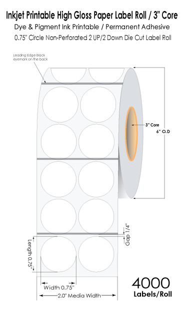 C6500 0.75" Circle NP 2UP/2Down High Gloss Paper Labels w Black Sensor 4000/Roll 3"Core/6"OD