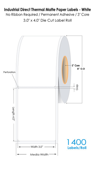 Industrial Direct Thermal Matte Paper Labels - White | 3" x 4" Die Cut Label Roll | 1400 Labels/Roll Industrial Direct Thermal Matte Paper Labels - White | 3" x 4" Die Cut Label Roll | 1400 Labels/Roll
