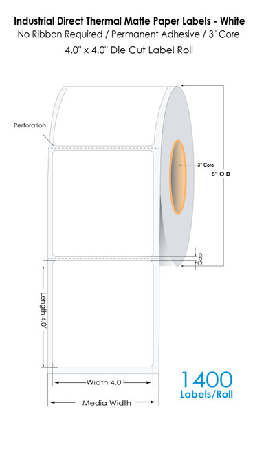 Industrial Direct Thermal Matte Paper Labels - White | 4" x 4" Die Cut Label Roll | 1400 Labels/Roll Industrial Direct Thermal Matte Paper Labels - White | 4" x 4" Die Cut Label Roll | 1400 Labels/Roll
