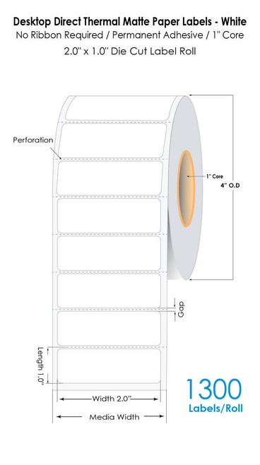 Direct Thermal 2\" x 1\" White Paper Labels 1300/Roll - 1\" Core | 4\" OD